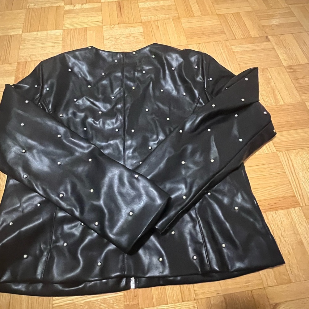 Bagatelle Black Leather Jacket with Pearl Accents
